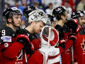Canadian goalie Calvin Pickard shows his dejection after losing to Sweden in the world championship final at Lanxess Arena on May 21, 2017 in Cologne, Germany. (Martin Rose/Getty Images)