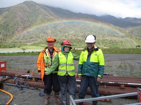 University of Alberta geophysics professor Doug Schmitt (left), graduate student Deirdre Mallyon (centre), and drilling engineer Alex Pyne (right) at the drill site in New Zealand. Photo supplied