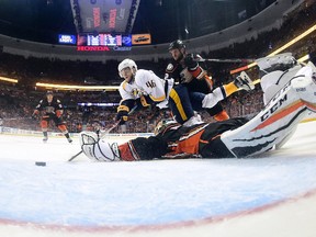 Pontus Aberg of the Nashville Predators scores on goaltender Jonathan Bernier of the Anaheim Ducks during Game 5 of the Western Conference final at Honda Center on May 20, 2017 in Anaheim. (Harry How/Getty Images)