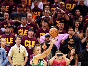 Avery Bradley of the Boston Celtics shoots the winning basket in their 111 to 108 win over the Cleveland Cavaliers during Game Three of the 2017 NBA Eastern Conference Finals at Quicken Loans Arena on May 21, 2017 in Cleveland, Ohio.  (Jamie Sabau/Getty Images)