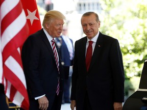 In this May 16, 2017, photo, President Donald Trump welcomes Turkish President Recep Tayyip Erdogan to the White House in Washington. (AP Photo/Pablo Martinez Monsivais, File)