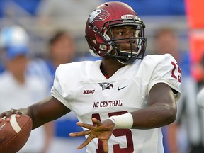 Malcolm Bell #15 of the North Carolina Central Eagles in action against the Duke Blue Devils during their game at Wallace Wade Stadium on September 3, 2016 in Durham, North Carolina. Bell is one of two quarterbacks who will be battling it out for the job of fourth on the depth chart when the Winnipeg Blue Bombers hold their rookie camp, starting Wednesday, May 24, 2017 at the University of Manitoba and Investors Group Field in Winnipeg. (Photo by Grant Halverson/Getty Images)