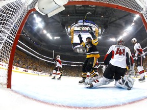 Nick Bonino celebrates a goal scored by Olli Maatta of the Pittsburgh Penguins against Craig Anderson of the Ottawa Senators during Game 5 at PPG Paints Arena on May 21, 2017. (Gregory Shamus/Getty Images)