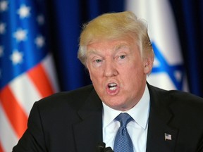 U.S. President Donald Trump delivers press statements with the Israeli prime minister before an official dinner in Jerusalem on May 22, 2017. (AFP/Getty Images)