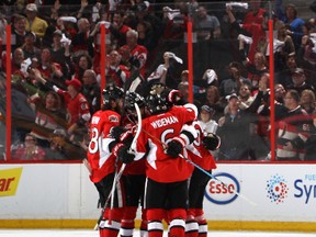 Tom Pyatt of the Ottawa Senators celebrates after scoring a goal against Matt Murray of the Pittsburgh Penguins during Game 4 at Canadian Tire Centre on May 19, 2017. (Jana Chytilova/Freestyle Photo/Getty Images)