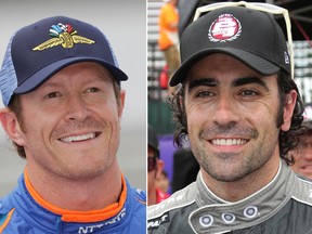 At left, in a May 20, 2017, file photo, IndyCar driver Scott Dixon, of New Zealand, smiles after qualifying for the Indianapolis 500 in Indianapolis. At right, in a May 31, 2013, file photo, Dario Franchitti, of Scotland, smiles after winning the pole position for the Detroit Grand Prix auto race on Belle Isle in Detroit. (AP Photo/File)