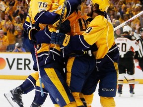 Pontus Aberg of the Nashville Predators celebrates with teammates after scoring a goal against the Anaheim Ducks during Game 6 of the Western Conference Final at Bridgestone Arena on May 22, 2017. (Frederick Breedon/Getty Images)