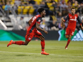 Toronto FC's Tosaint Ricketts celebrates his goal against the Columbus Crew during the second half of an MLS soccer match Wednesday, May 10, 2017, in Columbus, Ohio. Toronto won 2-1. (AP Photo/Jay LaPrete)