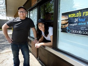 James and Lia McInnes, owners of Globally Local, are opening their 24-hour vegan drive-thru restaurant in a former Harvey?s restaurant on Highbury Avenue at Cheapside Street next month, featuring vegan fast-food options. (MORRIS LAMONT, The London Free Press)