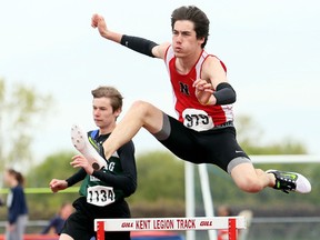 Carter Barron of Northern competes in the midget boys' 300-metre hurdles at the LKSSAA track and field championship at the Chatham-Kent Community Athletic Complex in Chatham, Ont., on Wednesday, May 10, 2017. (MARK MALONE/Postmedia Network)