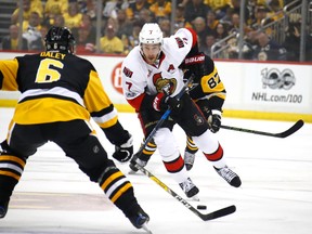 Kyle Turris #7 of the Ottawa Senators skates against Trevor Daley #6 of the Pittsburgh Penguins during the first period in Game Five of the Eastern Conference Final during the 2017 NHL Stanley Cup Playoffs at PPG PAINTS Arena on May 21, 2017 in Pittsburgh, Pennsylvania. (Photo by Gregory Shamus/Getty Images)
