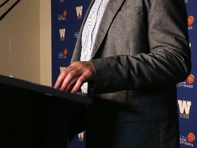 Winnipeg Blue Bombers general manager Kyle Walters drives home a point during a press conference at Investors Group Field in Winnipeg on Tues., May 23, 2017. Kevin King/Winnipeg Sun/Postmedia Network