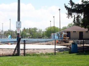 The splash pad under construction at the pool park in Clinton. (Justine Alkema/Clinton News Record)