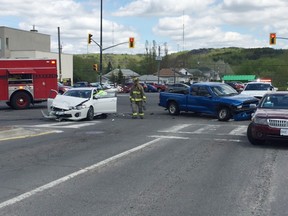 Three vehicles were involved in a collision outside Food Basics on Notre Dame Avenue on Tuesday afternoon. Police were looking for a woman who fled the scene. (Photo supplied)