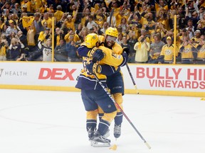 P.K. Subban and Vernon Fiddler of the Nashville Predators celebrate after scoring against the Anaheim Ducks in Game 6 of the Western Conference Final at Bridgestone Arena on May 22, 2017. (Frederick Breedon/Getty Images)