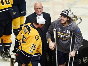 Ryan Johansen celebrates with Pekka Rinne of the Nashville Predators after they defeated the Anaheim Ducks in Game 6 of the Western Conference Final during the Stanley Cup Playoffs at Bridgestone Arena on May 22, 2017. (Sanford Myers/Getty Images)