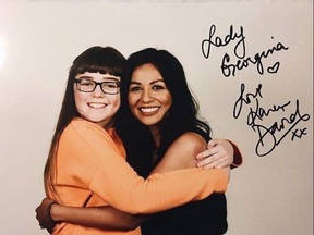 Actress Karen David (right) hugs Manchester concert bombing victim Georgina Callander in this photo posted on the Karen David Music Facebook page. (THE CANADIAN PRESS/HO-Facebook-Karen David Music)