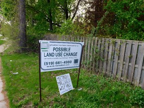 The city has posted a sign calling for the possible rezoning of 420 Fanshawe Park Rd. E. on Wednesday May 17, 2017 (MORRIS LAMONT, The London Free Press)