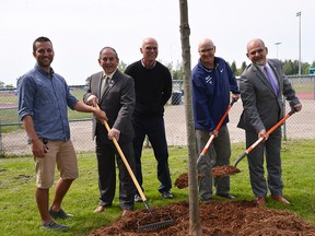 Submitted photo
Belleville 2017 OFSSA Track and Field committee member Pat Foran, Councillor Garnet Thompson, city parks and open space manager Larry Glover, 0perations manager for Belleville OFSAA Track and Field Tim Larry and Mayor Taso Christopher gathered earlier this week for a ceremonial tree planting.