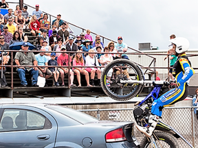 Amy Szoke, a professional motorbike stuntwoman, will perform regularly at Walton Raceway with her husband Jordan and son Wolfgang.