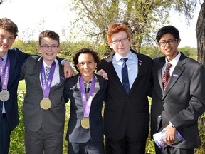 Kingston students Matthew Pilkey, from left, Kieran Barr, Evan Sharma, Cameron Smith and Arjun Devnani, who competed in the Canada-wide Science Fair in Regina. (Submitted photo)