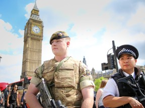 Due to the terror alert level being increased to critical after the recent terror attack in Manchester, security in the capital has been stepped up with army being deployed in Westminster. (WENN.com/PHOTO)