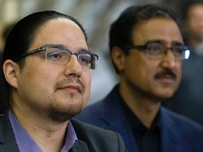(left to right) Enoch Cree Nation Chief William Morin and Minister of Infrastructure and Communities Amarjeet Sohi take part in a press conference to announce construction of a new water supply line, water reservoir and pump-house, on the Enoch Cree Nation Wednesday May 24, 2017.