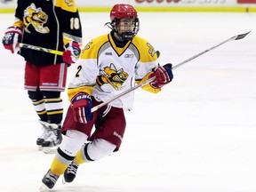 Team White's Justin McCombs (12) plays in a Sarnia Sting intrasquad game during orientation camp at Progressive Auto Sales Arena on Sunday, April 23, 2017. (MARK MALONE/Postmedia Network)