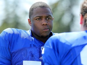 Faith Ekakitie warms up before the start of Winnipeg Blue Bombers rookie camp on the University of Manitoba campus in Winnipeg on May 24, 2017. (Kevin King/Winnipeg Sun/Postmedia Network)