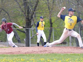 Nate Paquette pitcher for Bishop Alexander Carter Catholic Secondary School throws a pitch during NOSSA championship game action against the St. Charles Cardinalsin Sudbury, Ont. on Wednesday May 24, 2017. Gino Donato/Sudbury Star/Postmedia