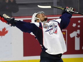 Windsor Spitfires left winger Jeremiah Addison celebrates his third goal of the game against the Erie Otters during Memorial Cup action in Windsor on May 24, 2017. (THE CANADIAN PRESS/Adrian Wyld)