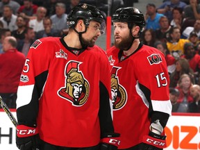 Cody Ceci and Zack Smith of the Ottawa Senators talk during Game 6 against the Pittsburgh Penguins at Canadian Tire Centre on May 23, 2017. (Jana Chytilova/Freestyle Photo/Getty Images)