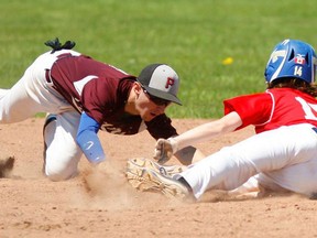 It's a close call at second base in the COSSA baseball semi-final game between the PECI Panthers (left) and Peterborough Crestwood Mustangs Wednesday in Peterborough. (Peterborough Examiner photo by Clifford Skarstedt)