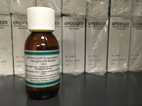 This Tuesday, May 23, 2017, photo shows GW Pharmaceuticals' Epidiolex, a medicine made from marijuana, but without TCH, in New York. According to a study published Wednesday by the New England Journal of Medicine the medicine cut seizures in kids with a severe form of epilepsy, which strengthens the case for more research into pot's possible health benefits. (AP Photo/Kathy Young)