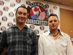 Mark Perrin, left, and Nick Haynes are bringing Bluewater Borderfest to Centennial Park July 28 and 29. Performers include Frankie Ballard, Chase Bryant, Sarnia’s Eric Ethridge, Dan Davidson, Aaron Goodvin and Dylan Scott, plus two more acts expected to be announced in about a month.  Tyler Kula/Sarnia Observer/Postmedia Network