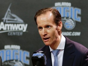 Orlando Magic new president of basketball operations Jeff Weltman answers questions during a news conference on May 24, 2017. (AP Photo/John Raoux)