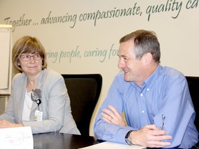 Rob Devitt, hospital supervisor at Chatham-Kent Health Alliance, and Lori Marshall, president and CEO, are shown during an organizational update on Thursday in Chatham. (Trevor Terfloth/The Daily News)