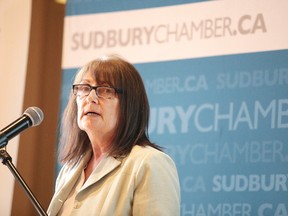 Dr. Christine Kaszycki, assistant deputy minister, mines and minerals division of the ministry of northern development and mines, addresses the crowd at a Greater Sudbury Chamber of Commerce President's Series Luncheon updating on the status of developments in northern Ontario, including progress to date on the Ring of Fire in Sudbury, Ont. on Thursday May 25, 2017. Gino Donato/Sudbury Star/Postmedia Network