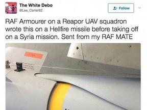 RAF ground crew had a message for ISIS they scrawled on a Paveway IV missile headed for terror targets in Syria: ‘Love from Manchester.’