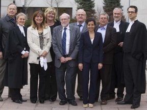 The defendants in a high-profile federal bid-rigging trial on April 27, 2015, the day they were found not guilty. Marina Durward (third from left, Sue Laycock (fourth) and Don Powell (fifth) are among the plaintiffs in a $30 million civil suit claiming the trial was the product of a "negligent" investigation.