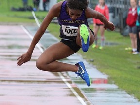 Miranda Muray, of the Lo-Ellen Knights, competes in the junior girls long jump event at the NOSSA track and field championships at the track at Laurentian University in Sudbury, Ont. on Thursday May 25, 2017. John Lappa/Sudbury Star/Postmedia Network