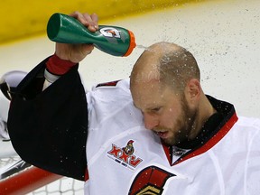 Ottawa Senators goalie Craig Anderson squirts a water on his head before the start of overtime in Game 7 of the Eastern Conference final against the Pittsburgh Penguins on May 25, 2017. (AP Photo/Gene J. Puskar)