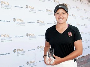 Bethune-Cookman University junior Mackenzie Butzer of Chatham celebrates her individual victory in the PGA Minority Collegiate Golf Championship at PGA Golf Club in Port St. Lucie, Fla., on Sunday, May 14, 2017. (TRACI EDWARDS/PGA of America photo courtesy of Bethune-Cookman Athletics)