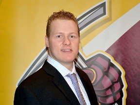 Former Wellington Dukes player and assistant coach Ryan Woodward was introduced May 4 as new head coach of the Jr. A Timmins Rock. He has since been released, the NOJHL club has announced. (Thomas Perry/Timmins Daily Press)