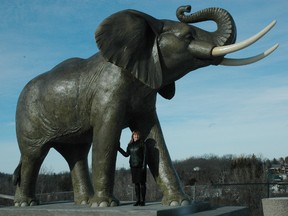 St. Thomas Mayor Heather Jackson is dwarfed by the Jumbo monument that stands outside St. Thomas, the city where the circus pachyderm was struck and killed by a train in 1885, making headlines around the world. (Postmedia file photo)