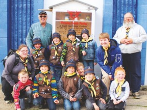Members of the Drayton Valley Beavers each brought an item for the local food pantry located outside of the Legion building. With the group is Roy Niles, V.P. of the Warming Hearts Soup Kitchen.