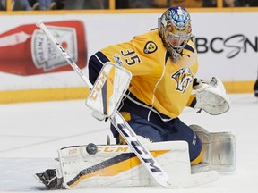 Nashville Predators goalie Pekka Rinne, of Finland, stops a shot against the Anaheim Ducks during the first period in Game 6 of the Western Conference final in the NHL hockey Stanley Cup playoffs Monday, May 22, 2017, in Nashville, Tenn. AP Photo/Mark Humphrey