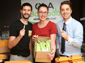 From left: Jean-Philippe Bergeron, Vicky Jodry and Simon Pierre Ouellette sell an eco-friendly toothbrush JEAN LEVAC / POSTMEDIA