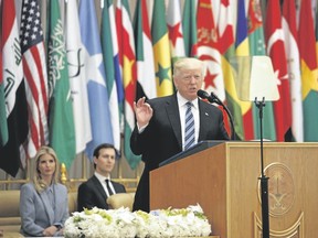 President Donald Trump delivers a speech to the Arab Islamic American Summit, at the King Abdulaziz Conference Centre in Riyadh, Saudi Arabia, on Sunday (Evan Vucci/AP Photo)