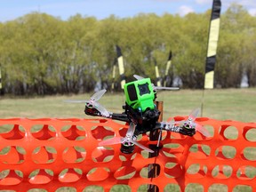 Photo by Jesse Cole Reporter/Examiner
Wayne Mah displays his drone outside the drone racing track at Stony Plain’s Kelly Fields. The aerial obstacle course is one of only a handful of sanctioned courses in Canada.